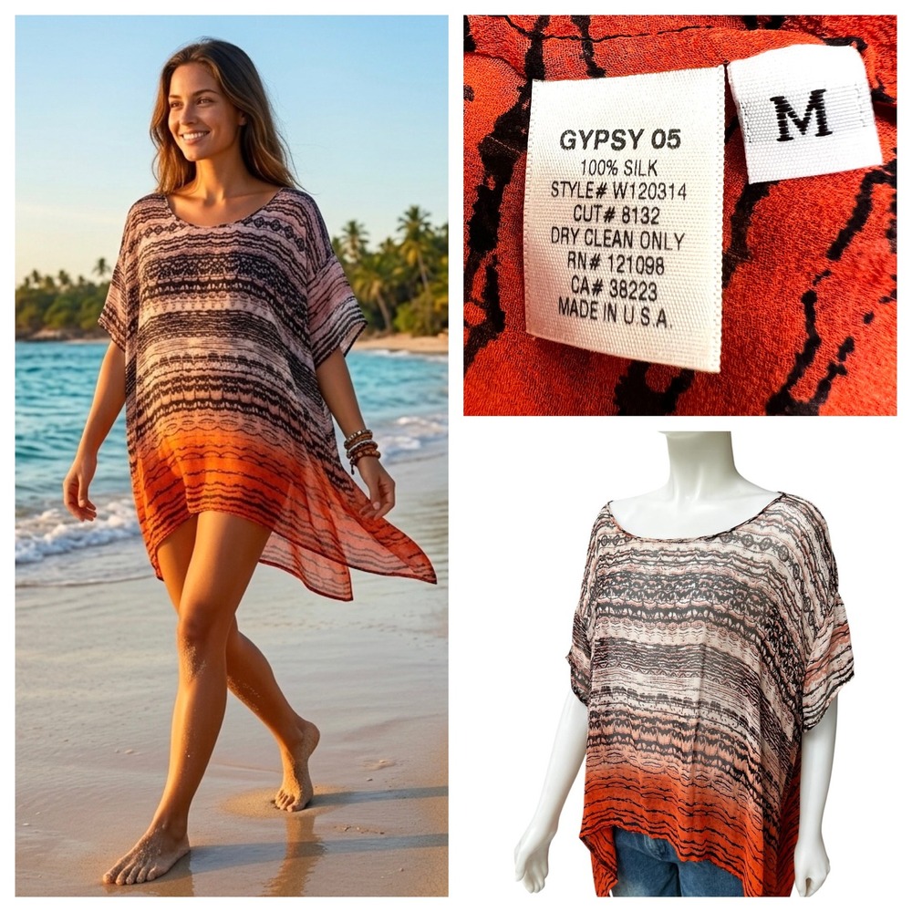 Gypsy 05 Silk Beach CoverUp Ombre Resortwear Orange Black Boho Whimsygoth M USA